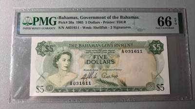 【Blue Auction】✨世界纸币精拍第488期【精】 - 【斯玛特旧藏 初版绿色版 A冠无47】巴哈马 1965年5元 PMG66EPQ 女王 