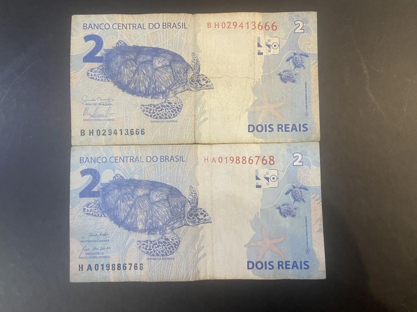 【炜奕收藏】旧币纪念币专场，0佣金，第六期 两张巴西流通品相2里亚尔