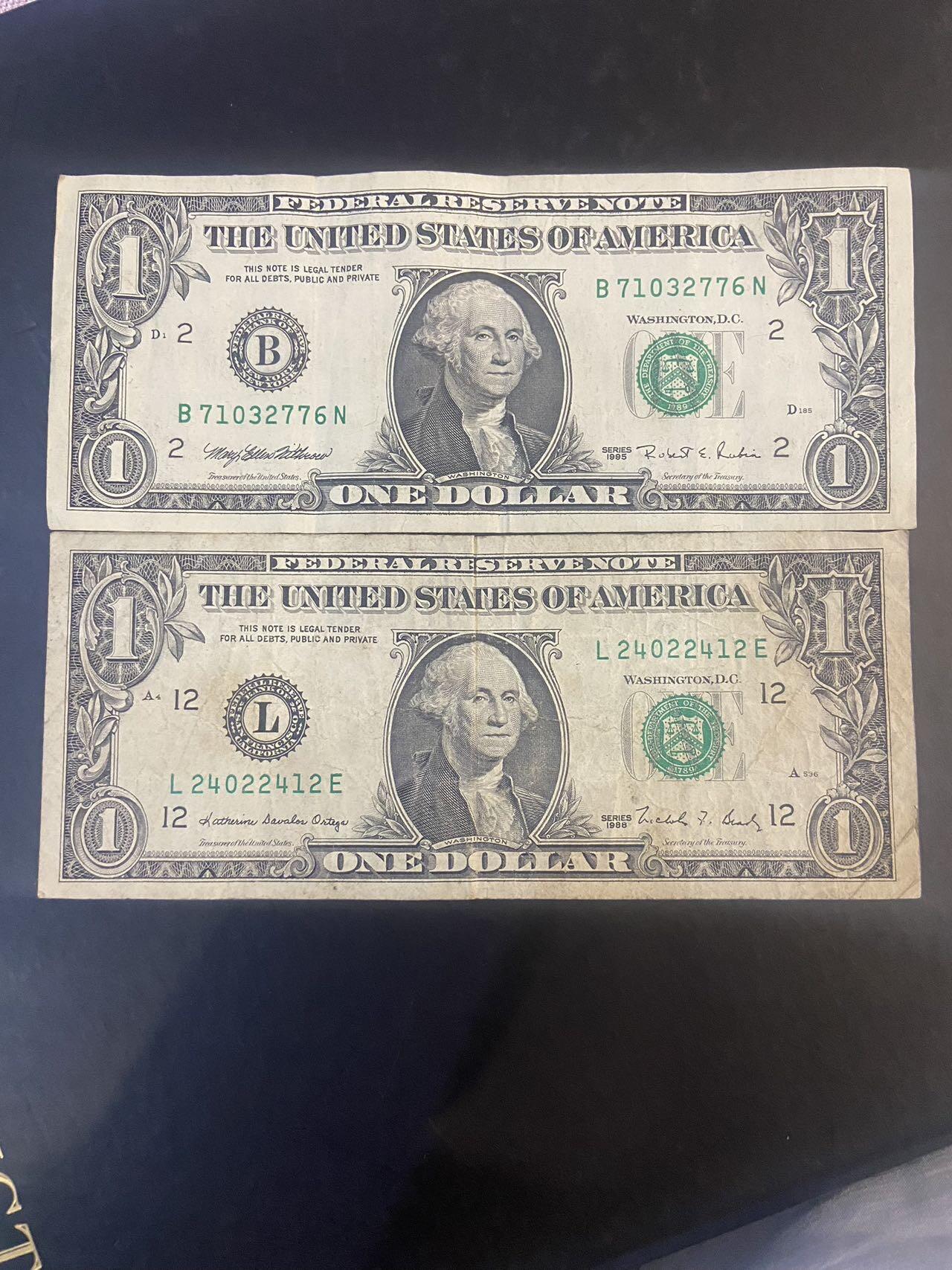 【炜奕收藏】旧币纪念币专场，0佣金，第六期 两张美国流通品相1美元