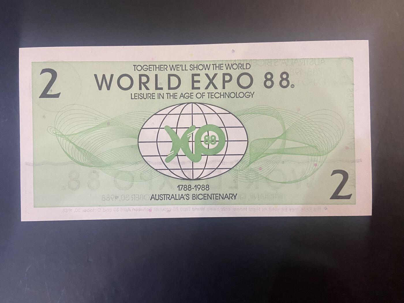【炜奕收藏】旧币纪念币专场，0佣金，第六期 澳大利亚UNC品相世博会纪念券1张