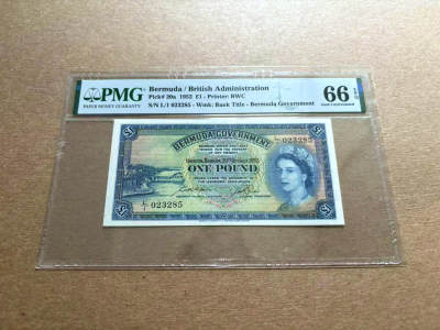 【Blue Auction】✨世界纸币精拍第488期【精】 - 【a版无47少见】百慕大 1952年1镑 BWC出品 大冠女王 PMG66EPQ 