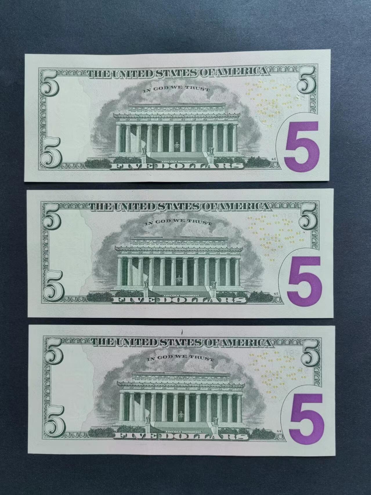 外国币专场20240608第七场 美国2017A年版5元UNC灯下有斑三张