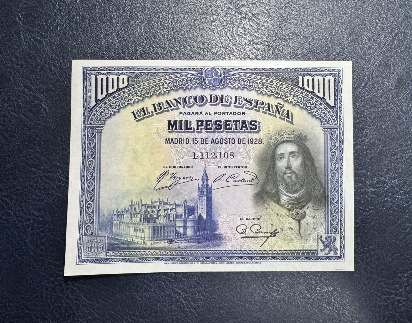 收藏联盟Quantum Auction 第351期拍卖  西班牙1928年1000比塞塔 品相AU  豹子号头 朦胧号 原票 圣费尔南多