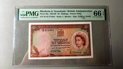 【Blue Auction】✨世界纸币精拍第488期【精】 - 【a版亚军分】罗德西亚和尼亚萨兰 1956-60年10先令 BWC出品 PMG66EPQ  正面大冠女王和鱼鹰 背面是卡里巴湖美景 该张是最美的几套女王纸币之一 设计非常出彩 经典耐看 