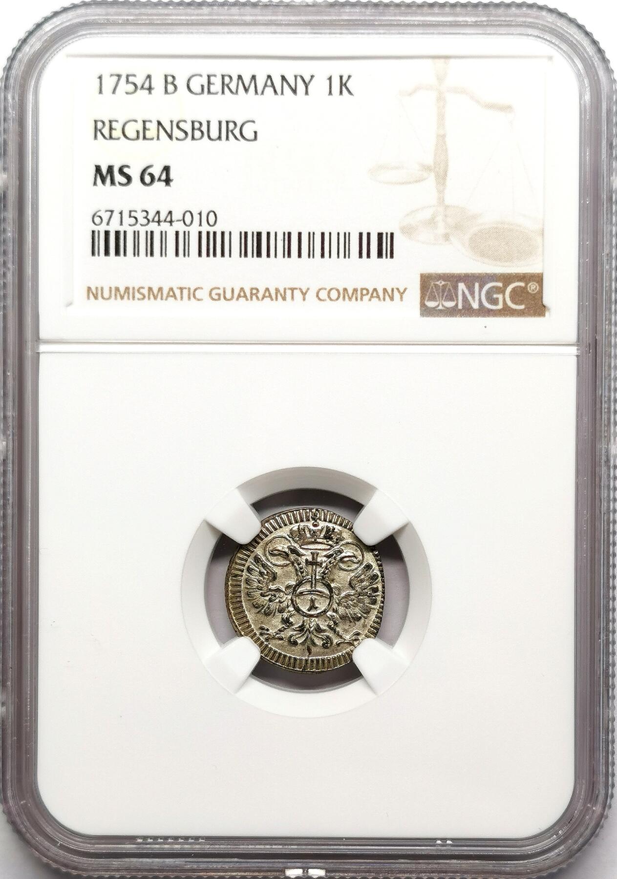 凡希社世界钱币微拍第二百七十二期 1754雷根斯堡自由市1K银辅币NGC-MS64，稀见的原银光高品！