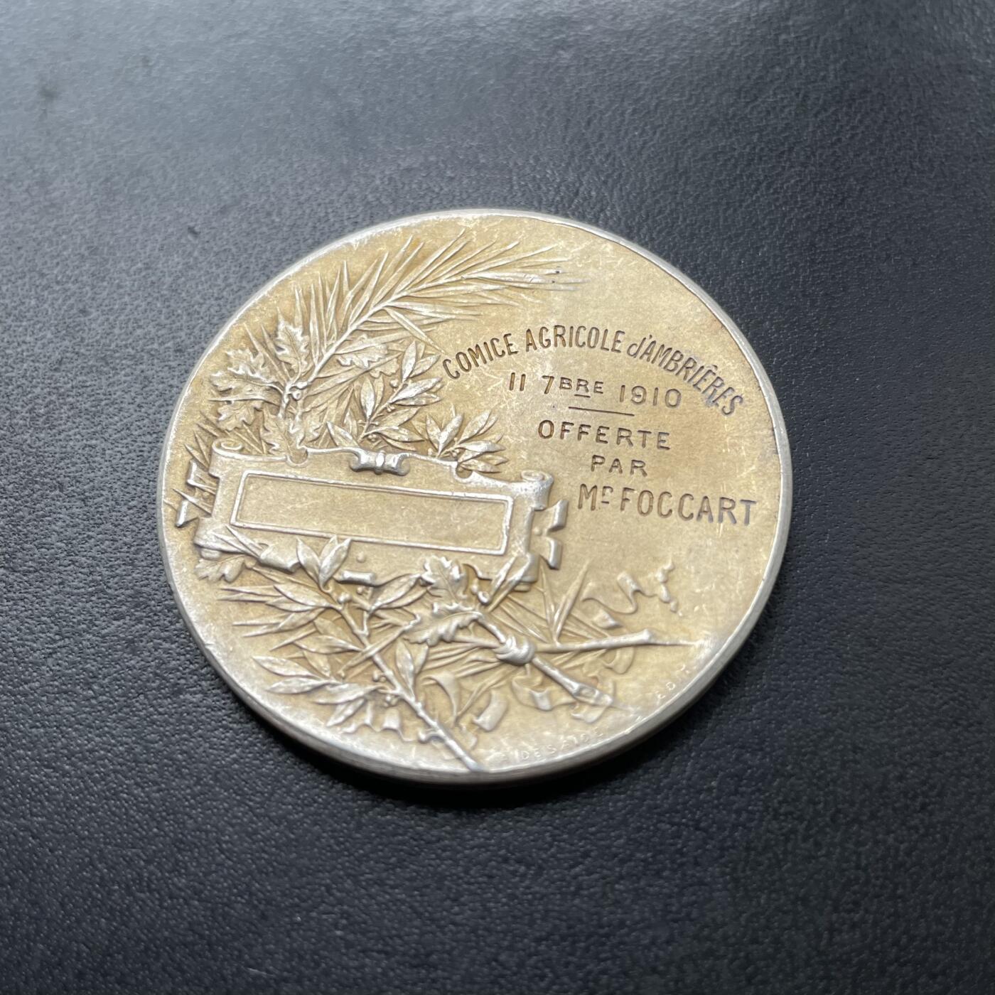 「木头集藏」章牌专场-第42期 1910年法国农业委员会镀金银章  直径：42mm，34.5 g，边铭：菱形厂标 野猪头银标 ARGENT