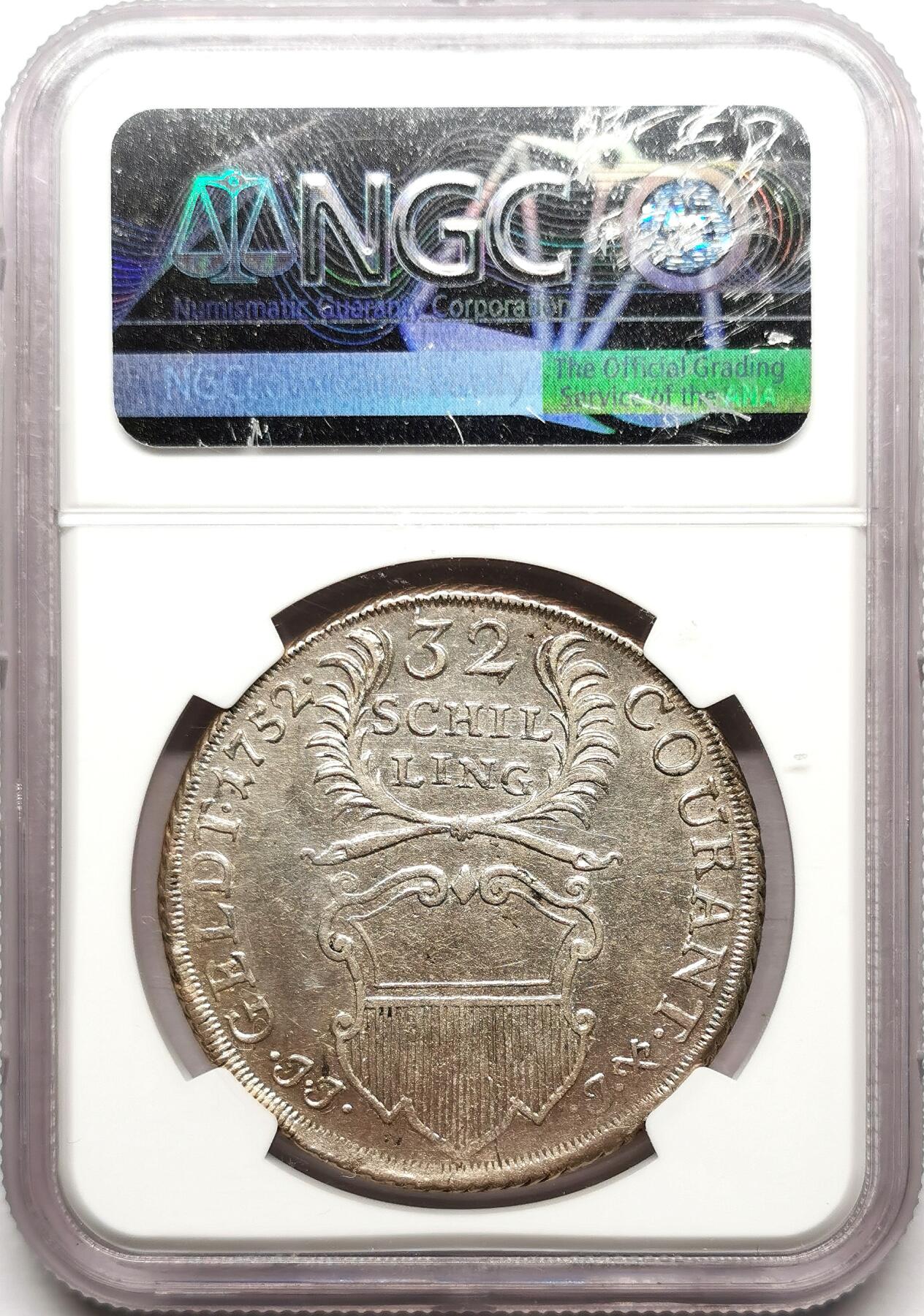 凡希社世界钱币微拍第二百七十二期 1752帝国自由市吕贝克双头鹰32先令大银NGC-AU55，Ha拍卖原物！