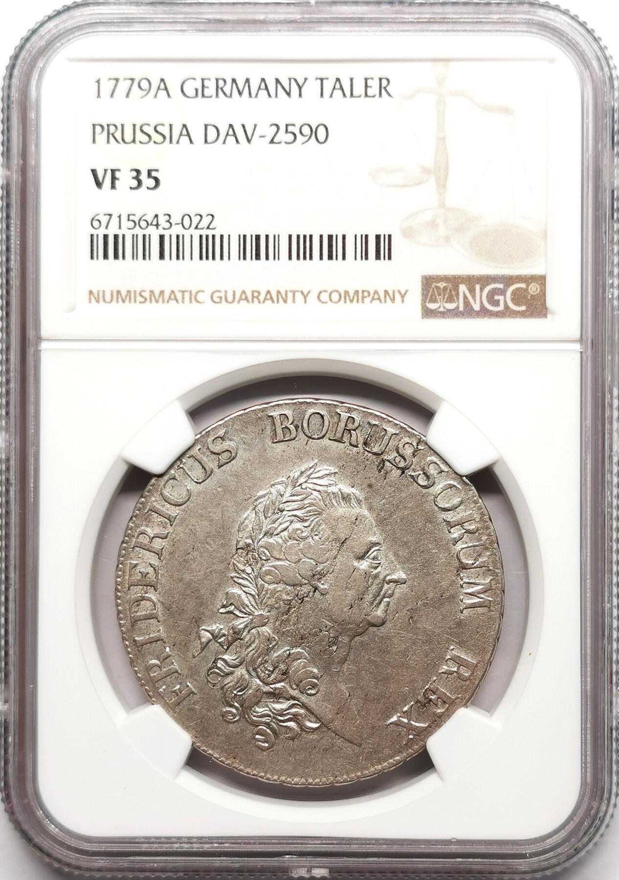 凡希社世界钱币微拍第二百七十二期 1779A普鲁士腓特烈二世王冠鹰与大炮泰勒NGC-VF35