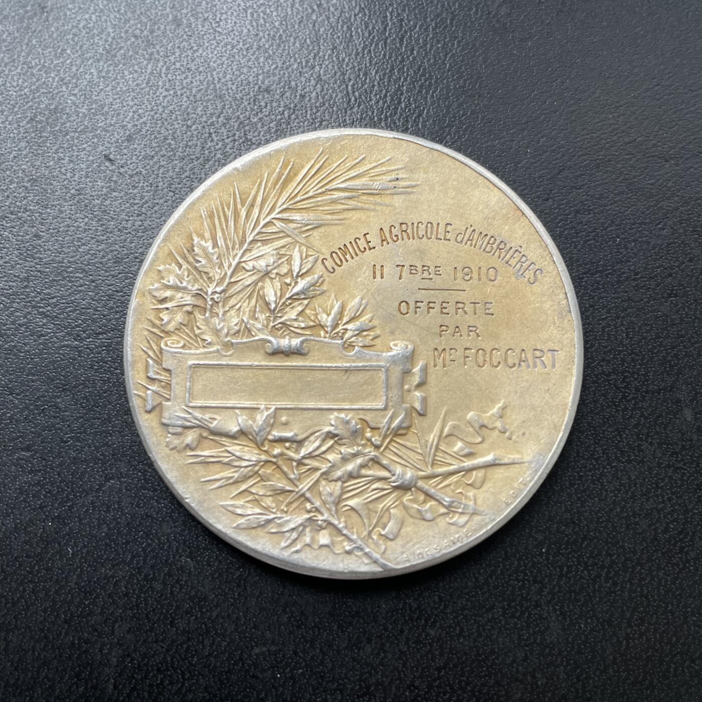 「木头集藏」章牌专场-第42期 1910年法国农业委员会镀金银章  直径：42mm，34.5 g，边铭：菱形厂标 野猪头银标 ARGENT