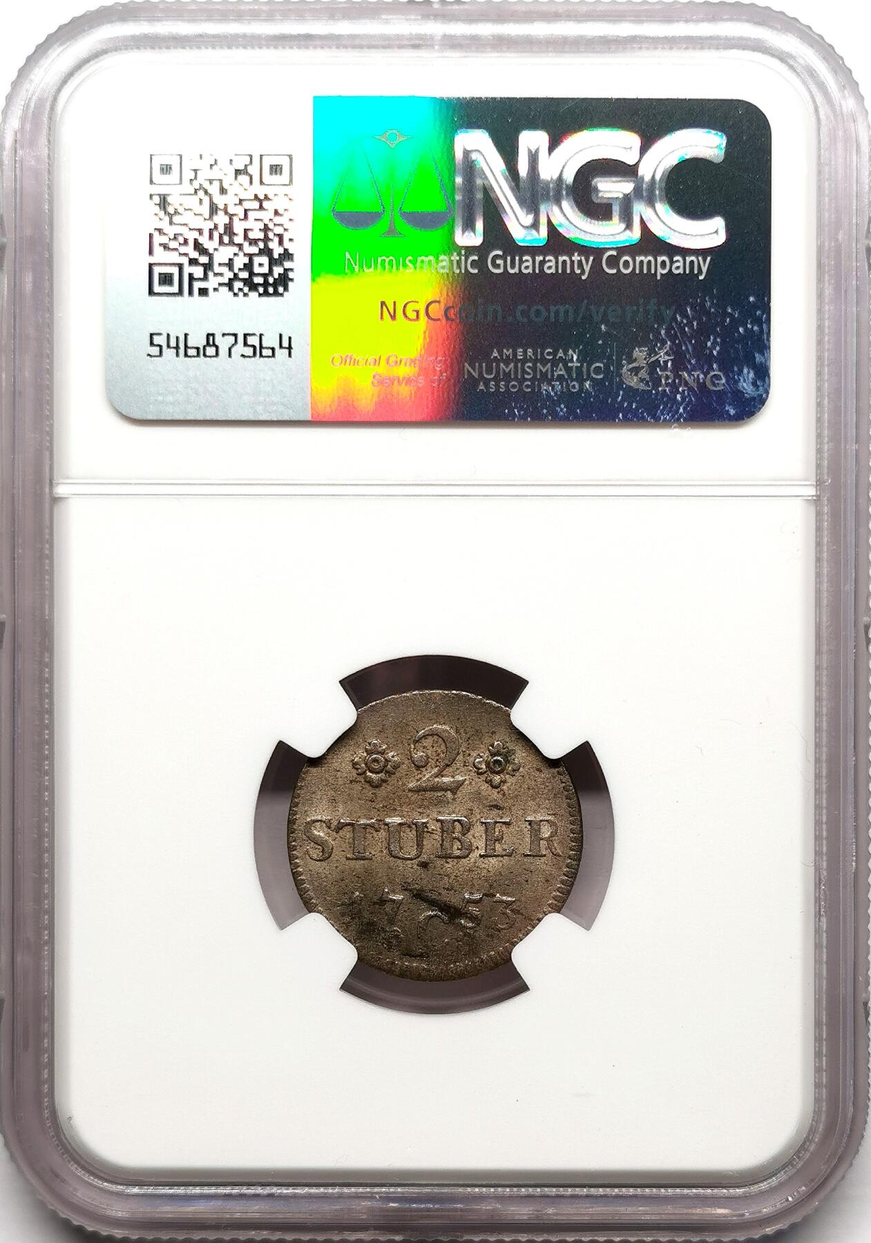 凡希社世界钱币微拍第二百七十二期 1753C克勒弗公国2ST低银辅币NGC-MS62，普鲁士腓特烈二世统治时期！