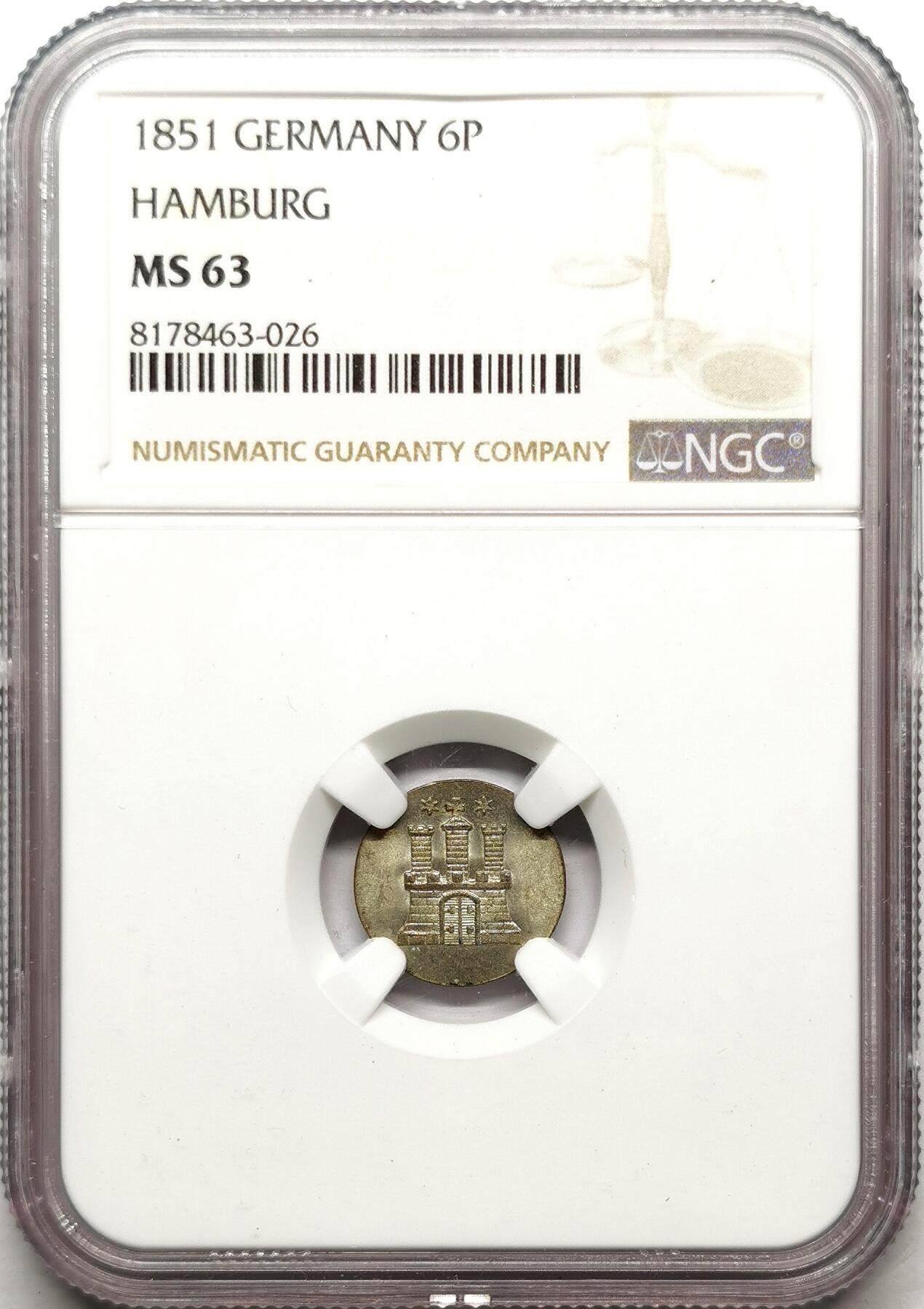 凡希社世界钱币微拍第二百七十二期 1851汉堡自由市6P银币NGC-MS63
