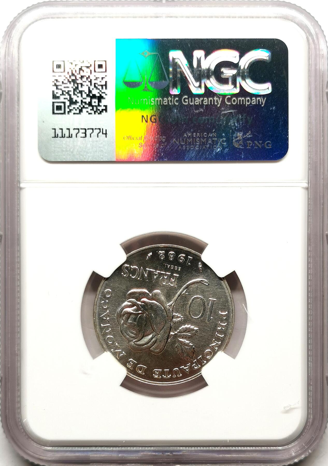 凡希社世界钱币微拍第二百七十二期 1982摩纳哥10法郎essai银样NGC-MS67