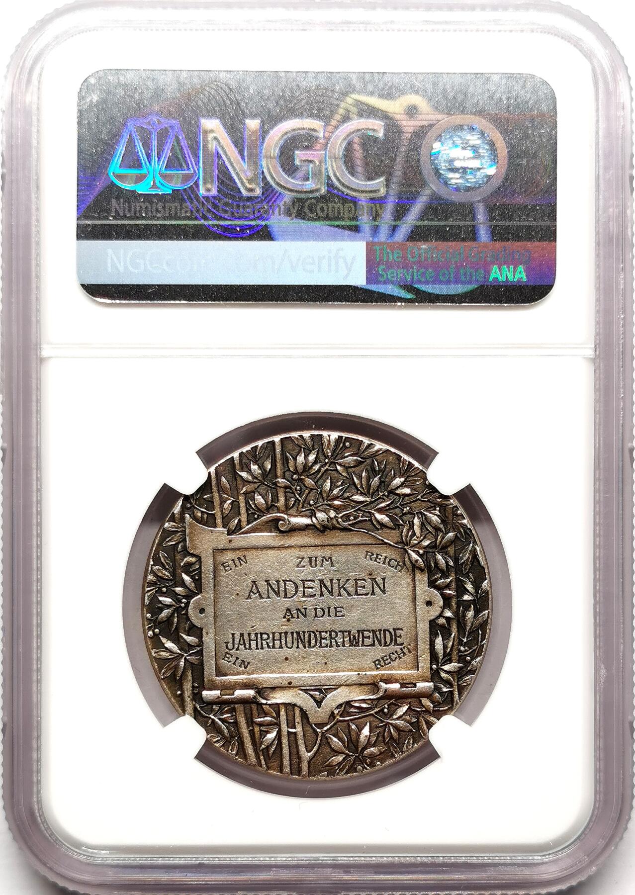 凡希社世界钱币微拍第二百七十二期 1900德国世纪之交“光明驱逐黑暗”纪念镀银章NGC-MS62