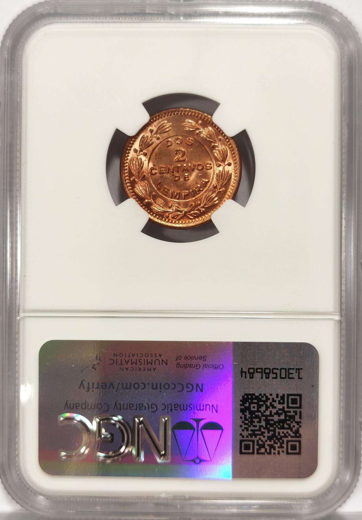 博洋堂世界钱币拍卖第164期（全场包邮） NGC MS65RB 洪都拉斯1956年2分铜币，RB红铜光优美