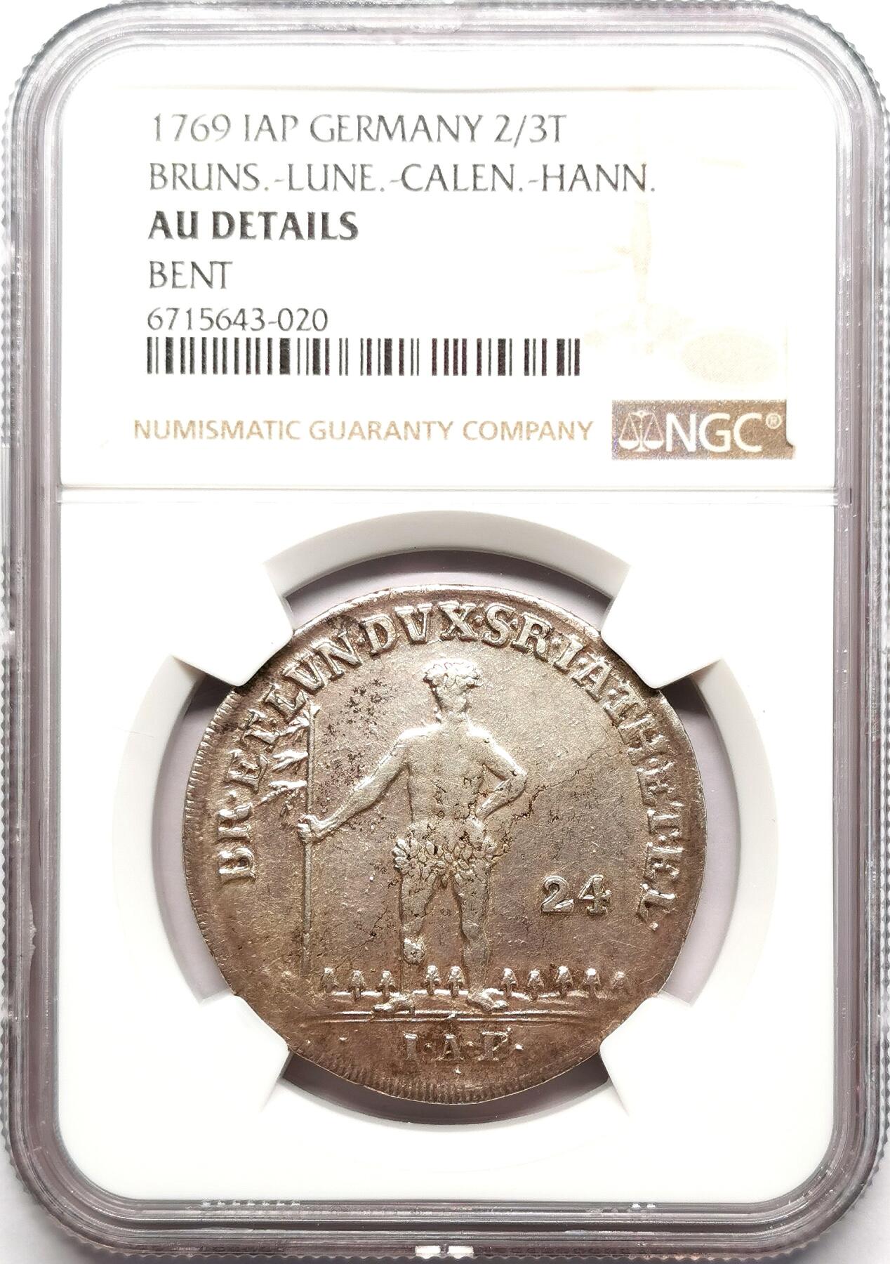 凡希社世界钱币微拍第二百七十二期 1769布伦瑞克-吕内堡-加伦堡-汉诺威野人2/3泰勒NGC-AUD，币胚略有不平。