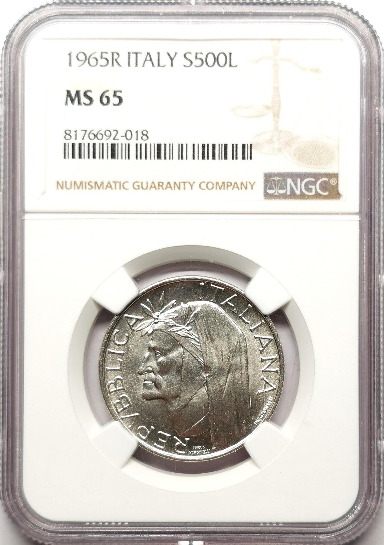 凡希社世界钱币微拍第二百七十二期 1965意大利500里拉银币NGC-MS65