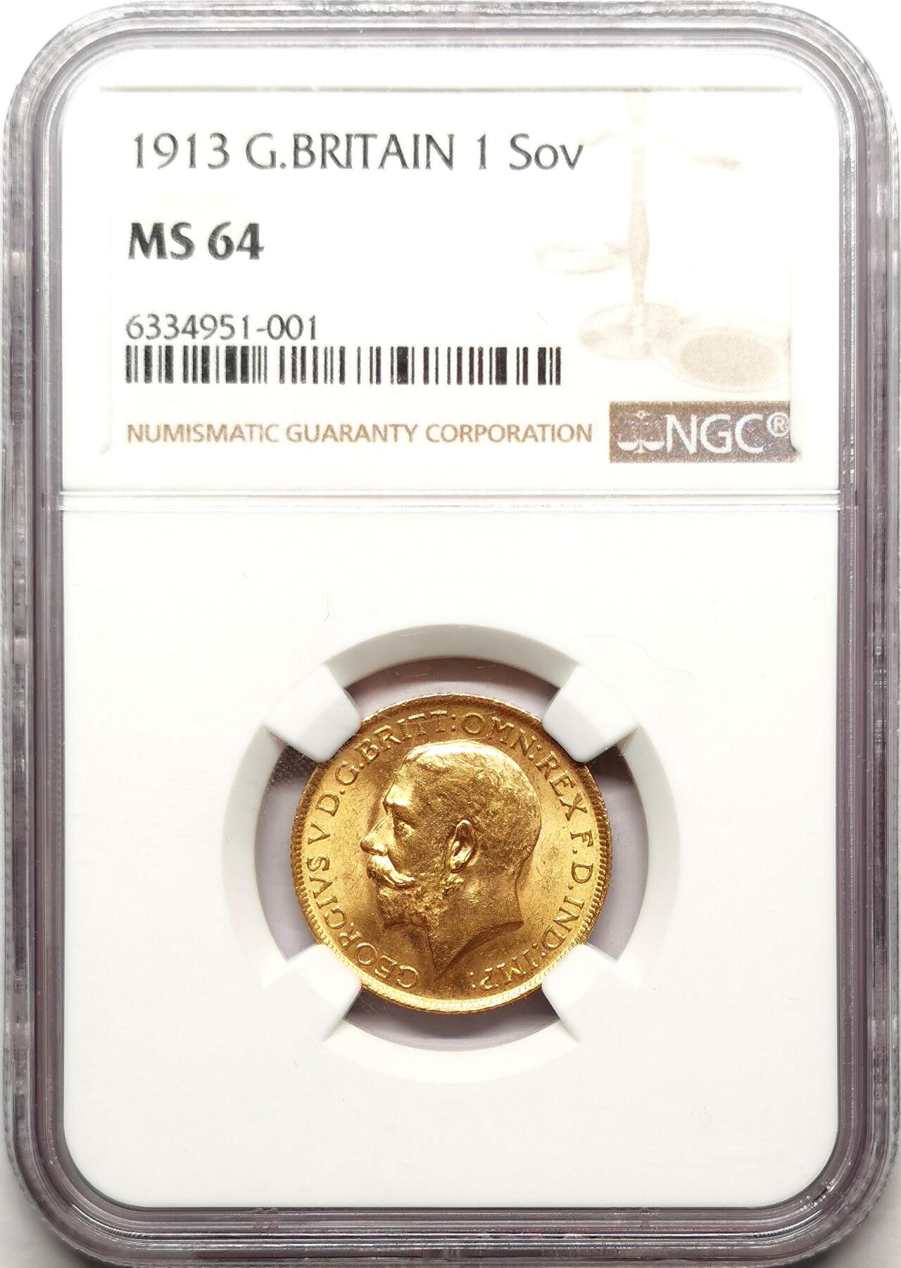 凡希社世界钱币微拍第二百七十二期 1913英国乔五索维林金币NGC-MS64，高分不易！