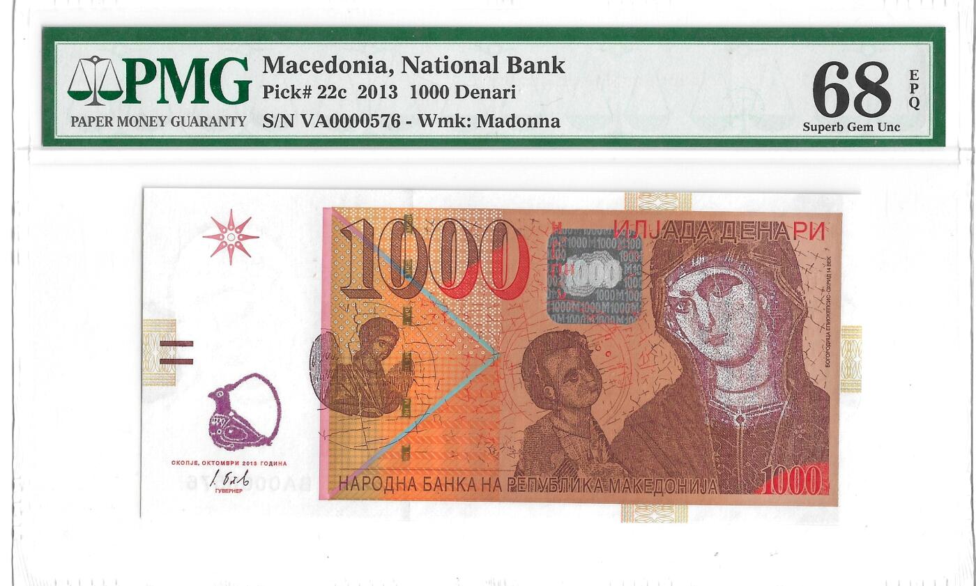 [飞马收藏] PMG高分评级钞 2013 北马其顿 1000 Denari 百位小号 PMG68EPQ高分