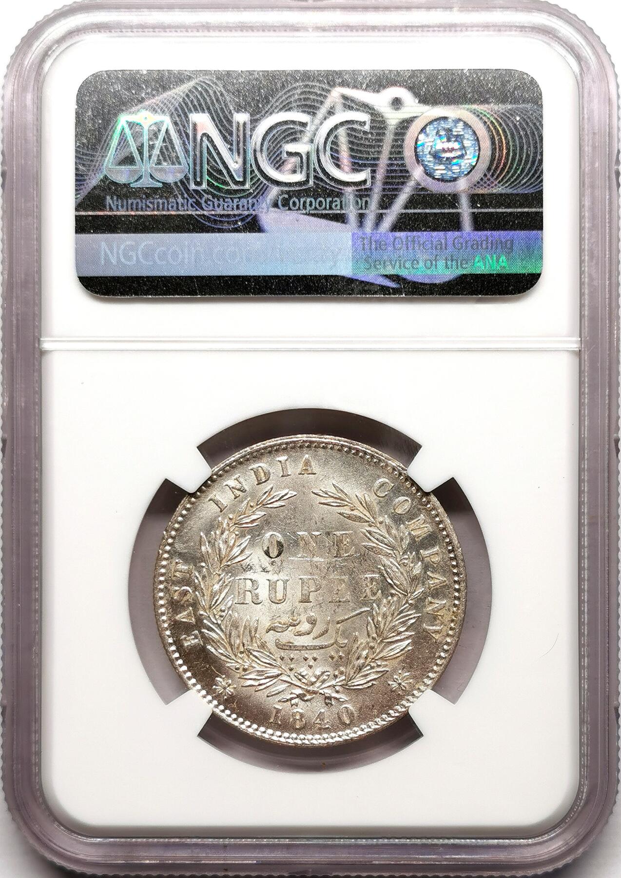 凡希社世界钱币微拍第二百七十二期 1840东印度公司小维卢比银币NGC-MS62，双辫英国式头像！