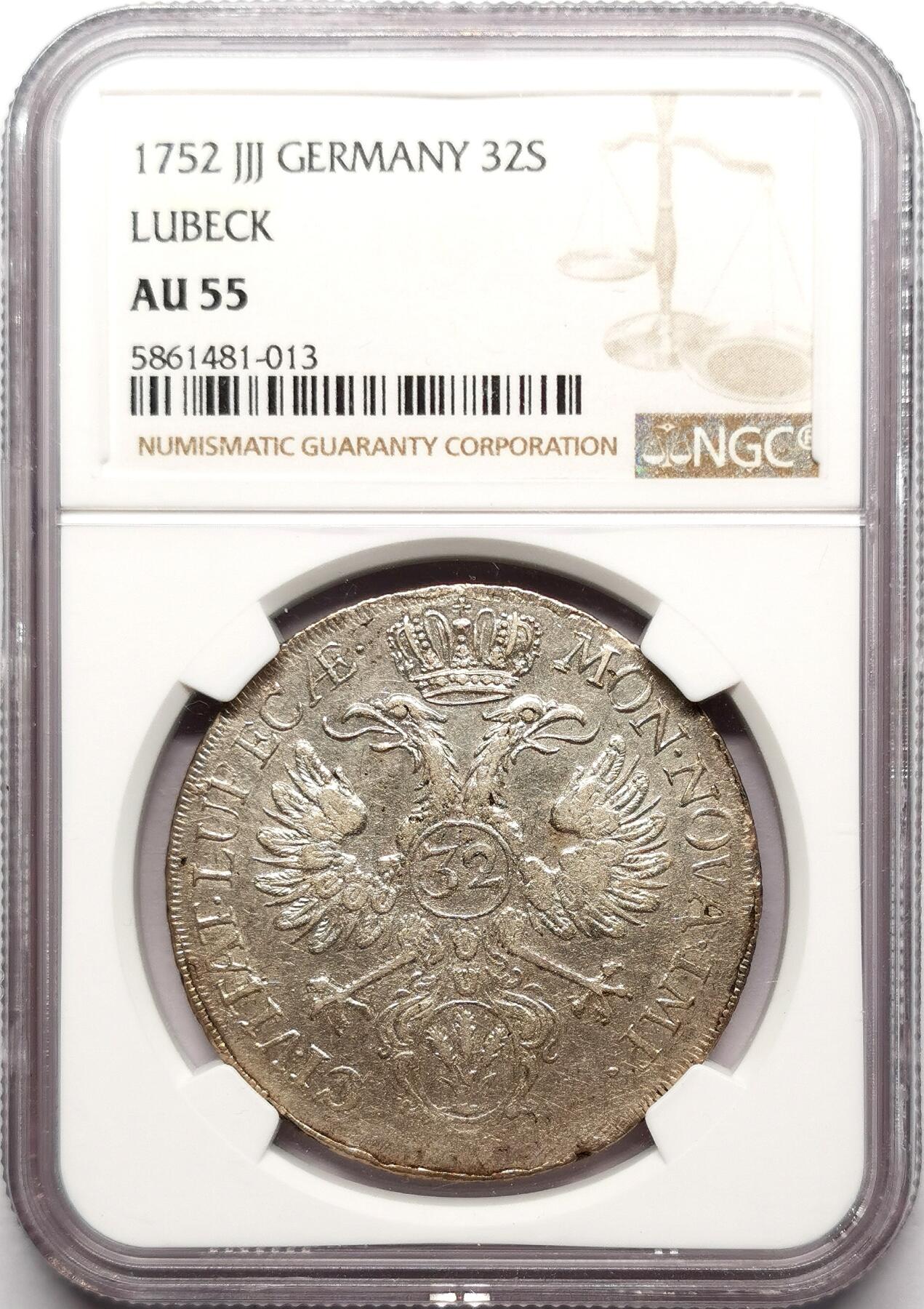凡希社世界钱币微拍第二百七十二期 1752帝国自由市吕贝克双头鹰32先令大银NGC-AU55，Ha拍卖原物！