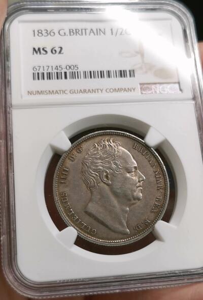凡希社世界钱币微拍第二百七十二期 荐！1836英国威廉四世1/2克朗NGC-MS62，英伦灰彩，细节深峻的一枚！