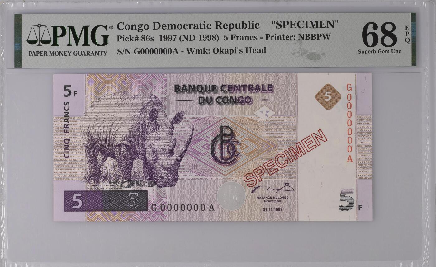 [飞马收藏] PMG高分评级钞 1997 刚果 5 Francs 白犀牛 样钞 PMG68EPQ超高分