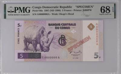 [飞马收藏] PMG高分评级钞 - 1997 刚果 5 Francs 白犀牛 样钞 PMG68EPQ超高分