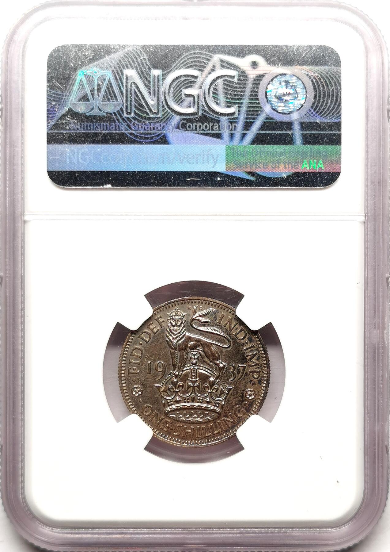 凡希社世界钱币微拍第二百七十二期 1937英国乔六精铸先令NGC-PF63，五彩浓郁！