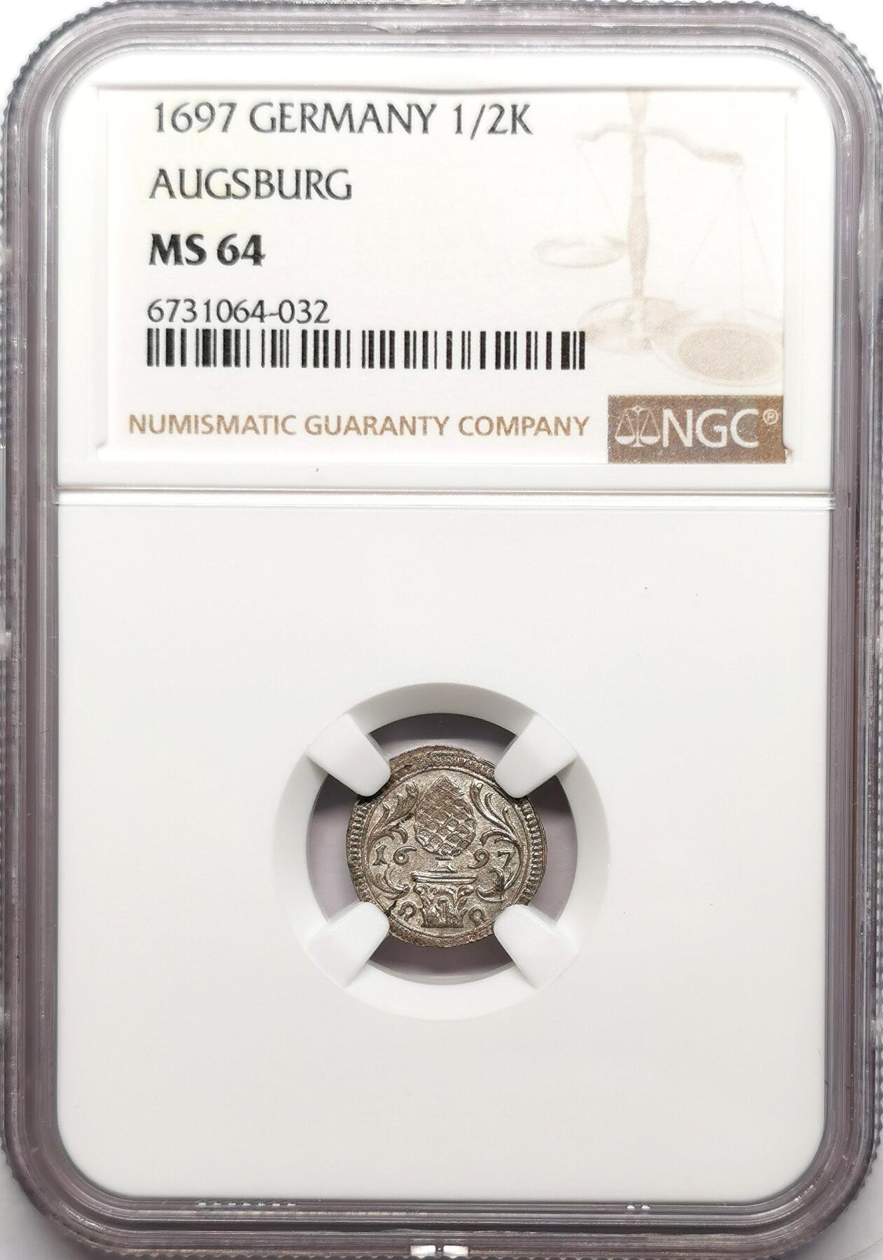 凡希社世界钱币微拍第二百七十二期 1697奥格斯堡主教区松果1/2K单面银辅币NGC-MS64