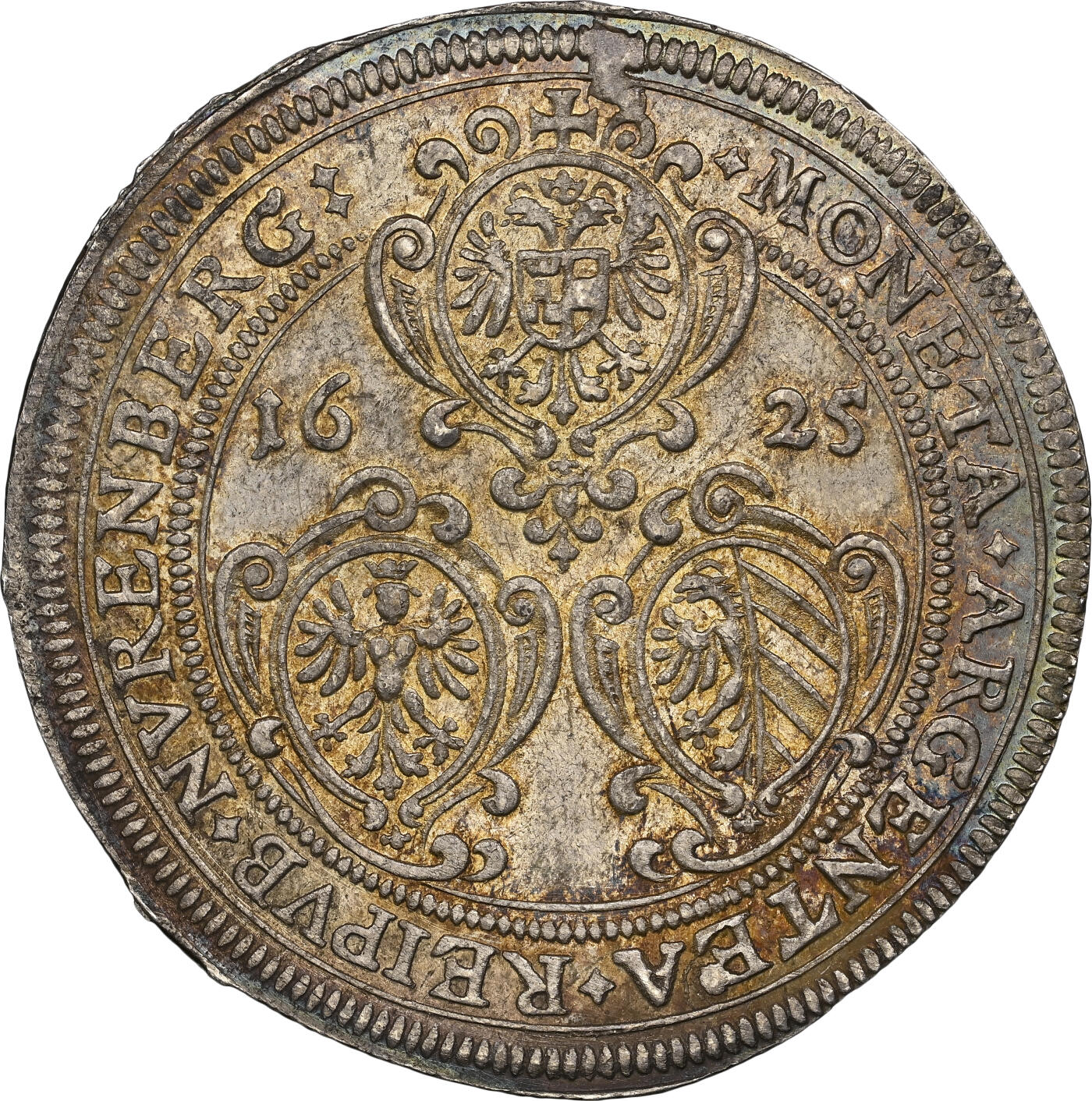 凡希社世界钱币微拍第二百七十二期 荐！1625帝国自由市纽伦堡盾徽与双头鹰泰勒大银NGC-MS62，淡金彩，视觉感极佳的收藏级品质，N唯一亚军分！