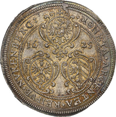 凡希社世界钱币微拍第二百七十二期 - 荐！1625帝国自由市纽伦堡盾徽与双头鹰泰勒大银NGC-MS62，淡金彩，视觉感极佳的收藏级品质，N唯一亚军分！