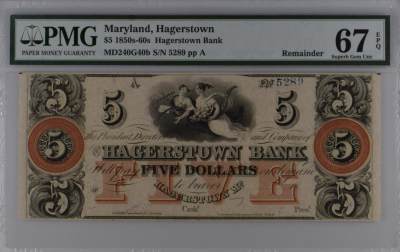 收藏联盟Quantum Auction 第352期拍卖  - 美国马里兰州1850s-60s年5美元 PMG67