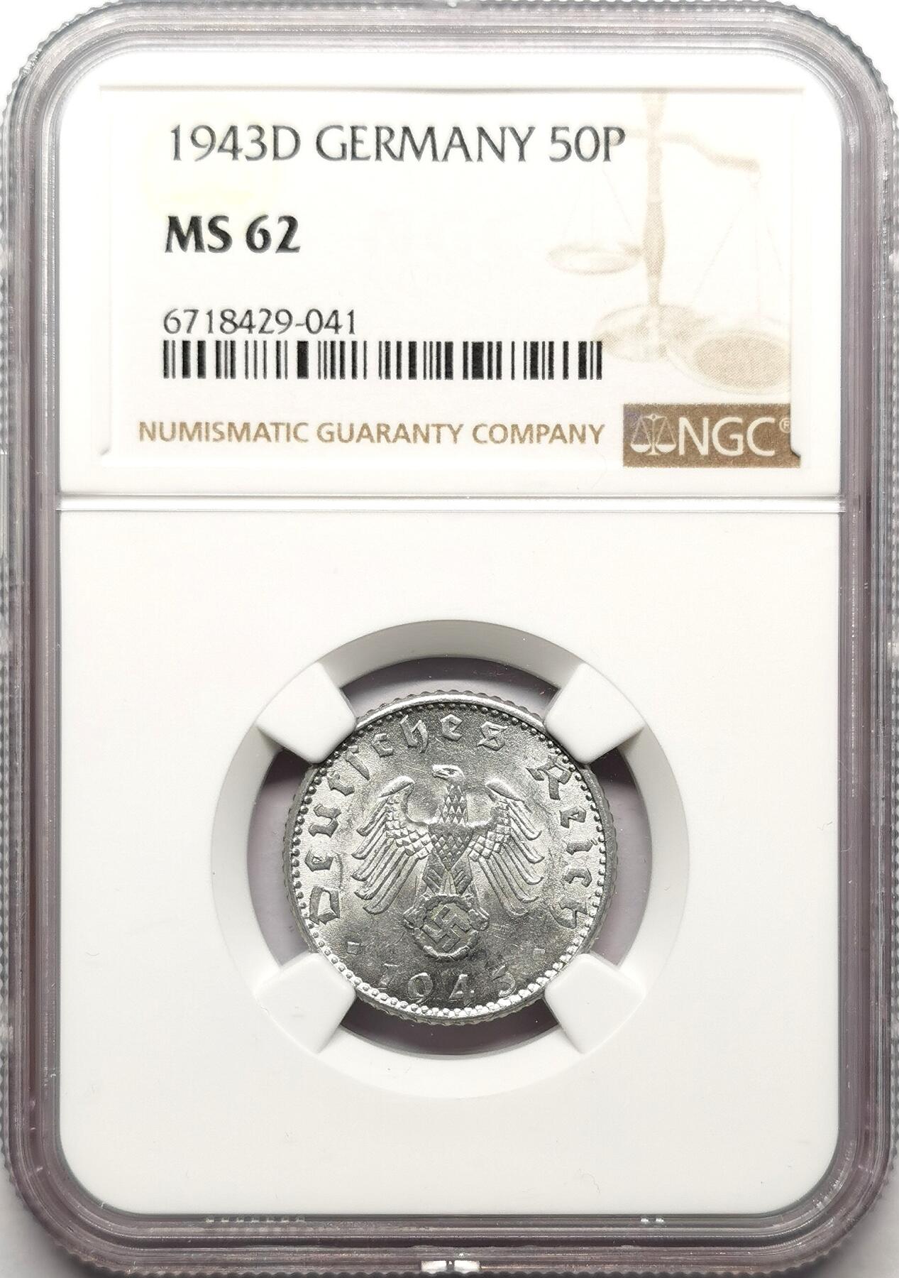 凡希社世界钱币微拍第二百七十二期 1943D德国50芬尼铝币NGC-MS62