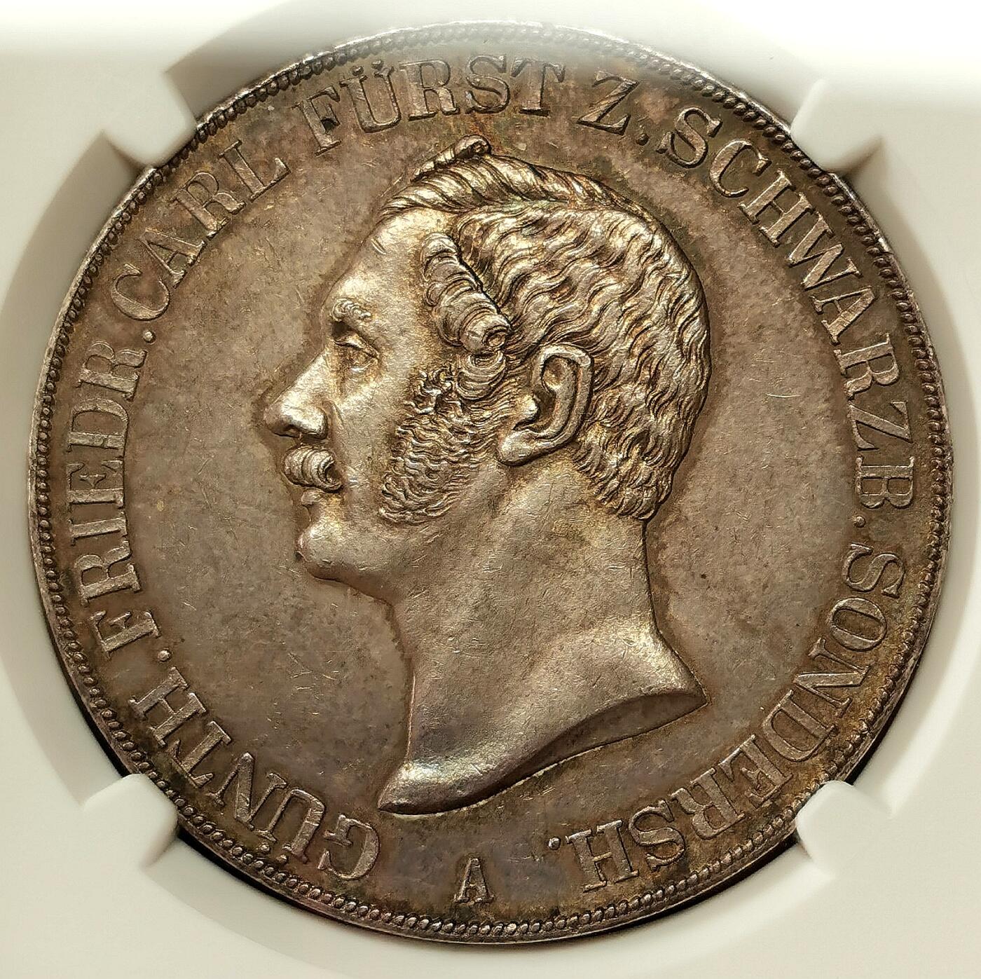 凡希社世界钱币微拍第二百七十二期 荐！1845A施瓦茨堡-桑德豪森2泰勒大银NGC-AU58，欧陆中灰包浆，侧光下五彩温润，实物极其养眼的一枚！