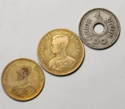 布加迪🐬～世界钱币(上海)🌾第 123 期 /  泰国🇹🇭币及中东亚洲各国散币 - 泰国🇹🇭 拉玛九世 早期币三枚