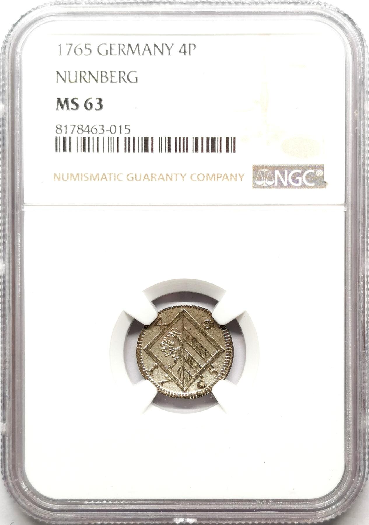 凡希社世界钱币微拍第二百七十二期 1765纽伦堡自由市4芬尼银币NGC-MS63，稀见品种！