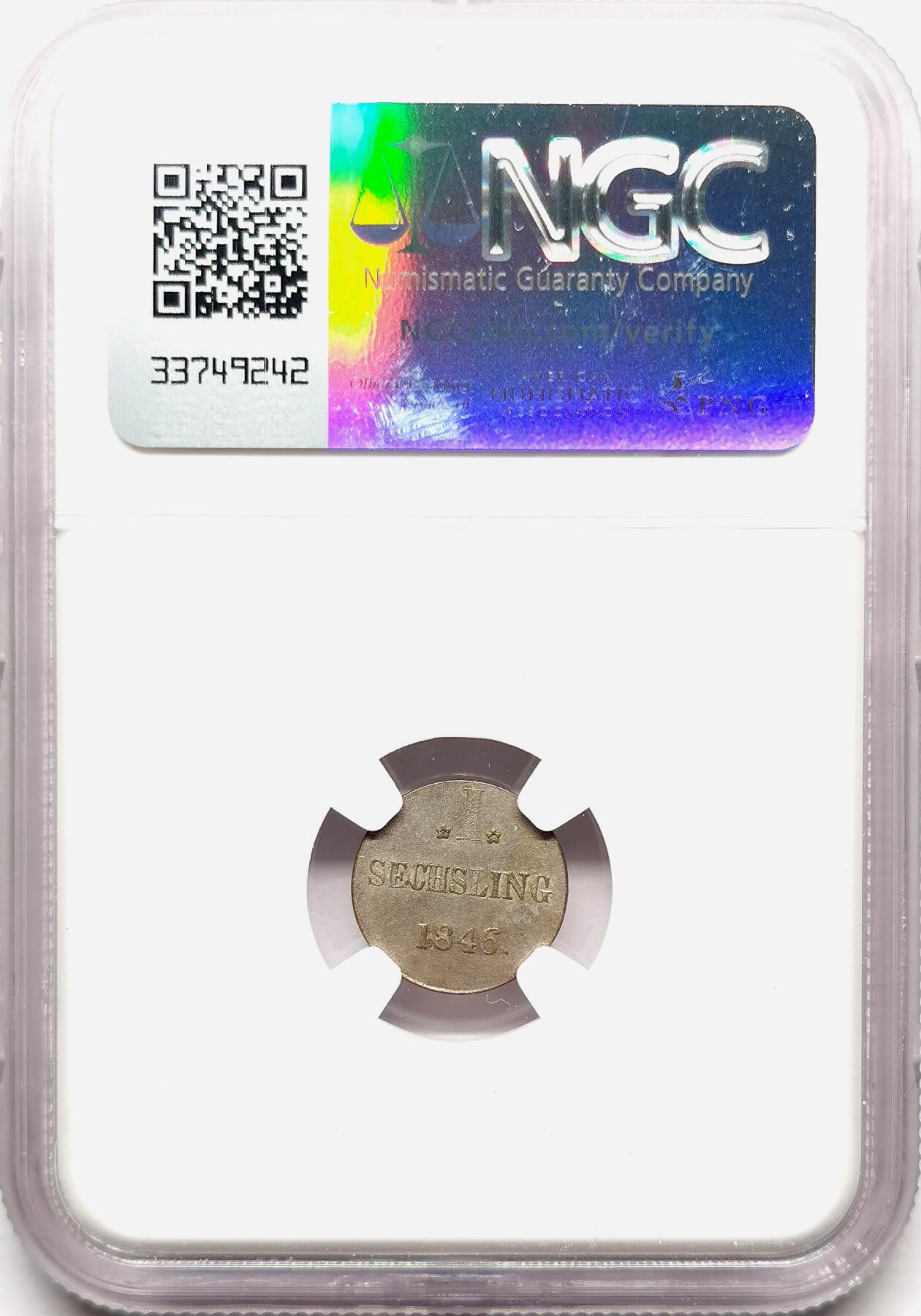 凡希社世界钱币微拍第二百七十二期 1846汉堡自由市6P银币NGC-MS62