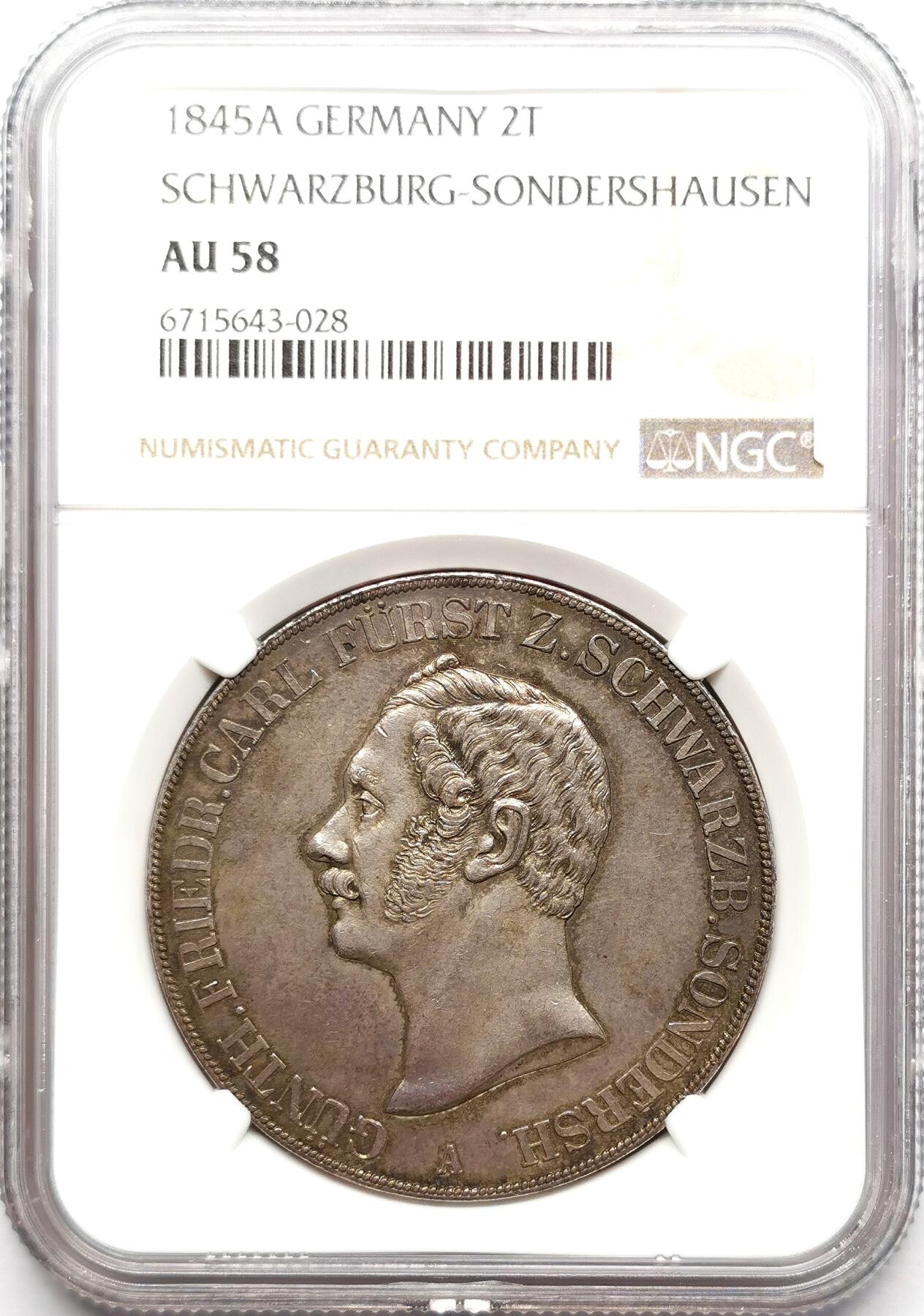 凡希社世界钱币微拍第二百七十二期 荐！1845A施瓦茨堡-桑德豪森2泰勒大银NGC-AU58，欧陆中灰包浆，侧光下五彩温润，实物极其养眼的一枚！
