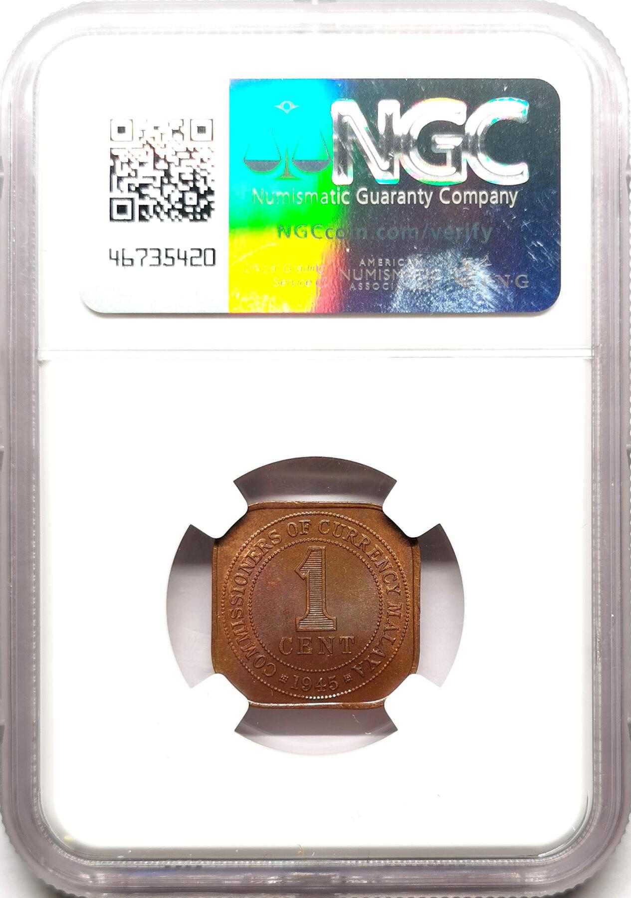 凡希社世界钱币微拍第二百七十二期 1945英属马来亚乔六1分铜币NGC-MS64