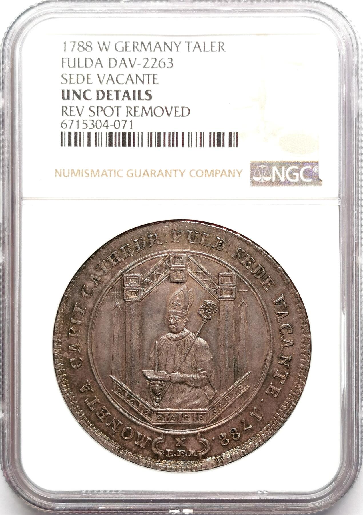 凡希社世界钱币微拍第二百七十二期 荐！1788富尔达主教区主教缺位泰勒大银NGC-UNCD，稀少一年型。深色紫金彩，包浆绝佳底板一流的收藏级精品！