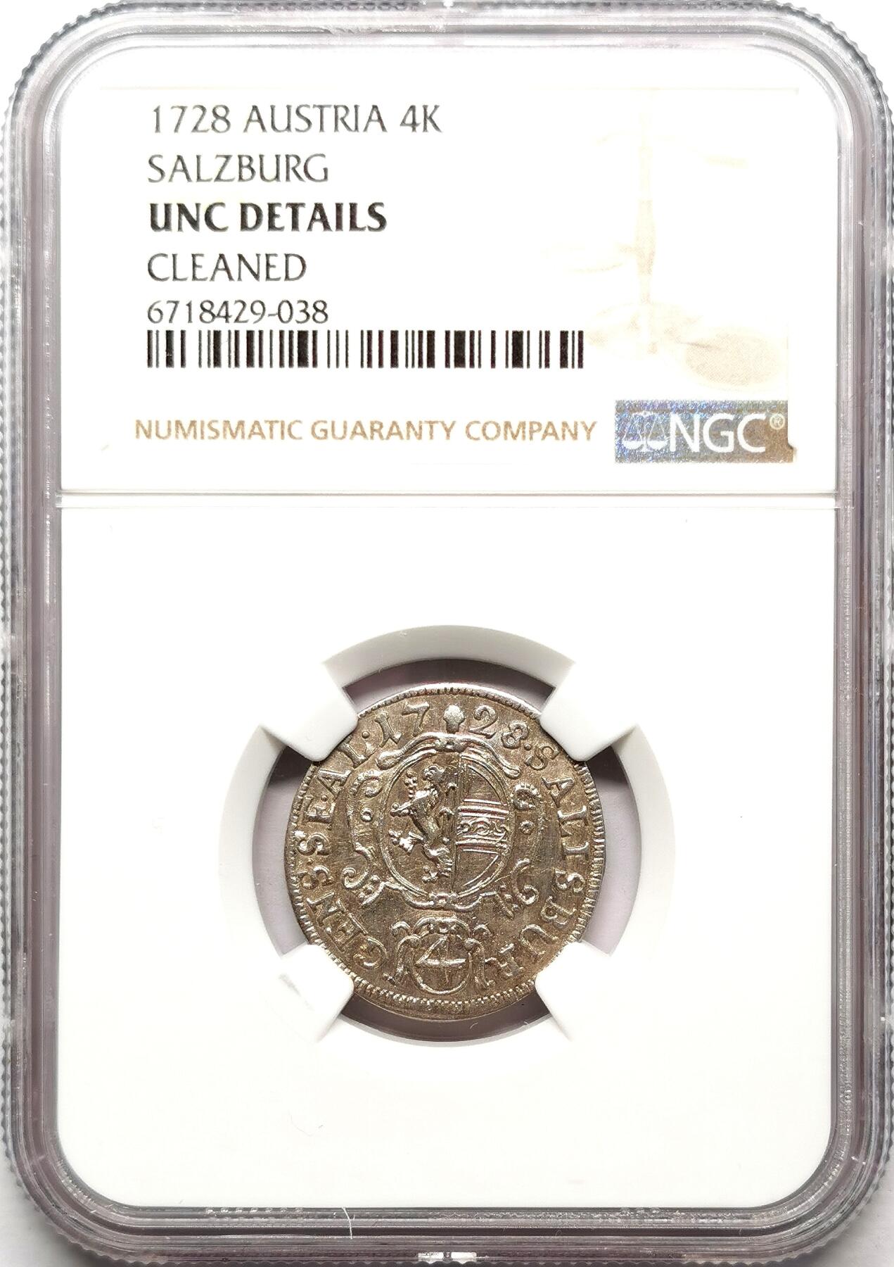 凡希社世界钱币微拍第二百七十二期 1728萨尔茨堡4K银辅币少见品种NGC-UNCD