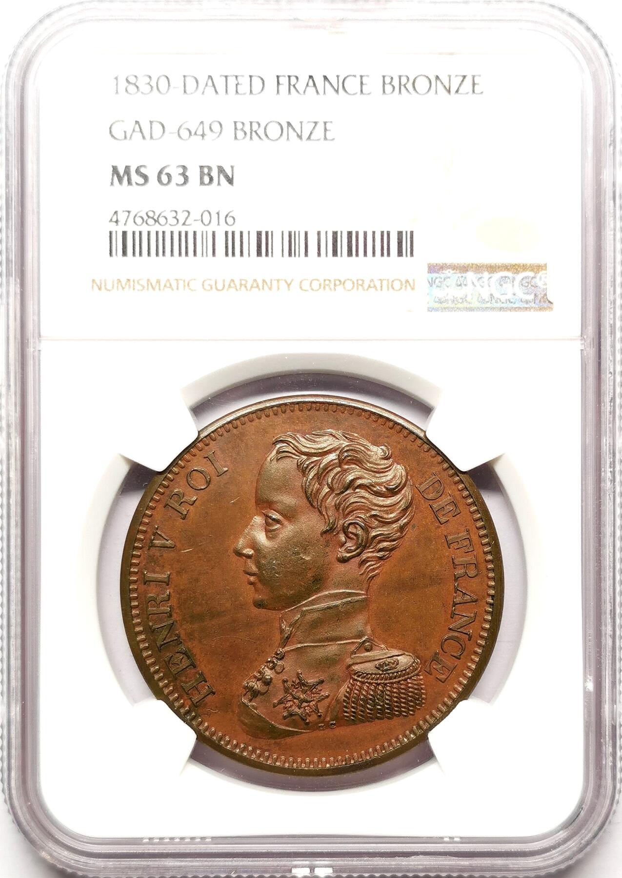 凡希社世界钱币微拍第二百七十二期 荐！1830法国僭主亨利五世5法郎铜样NGC-MS63