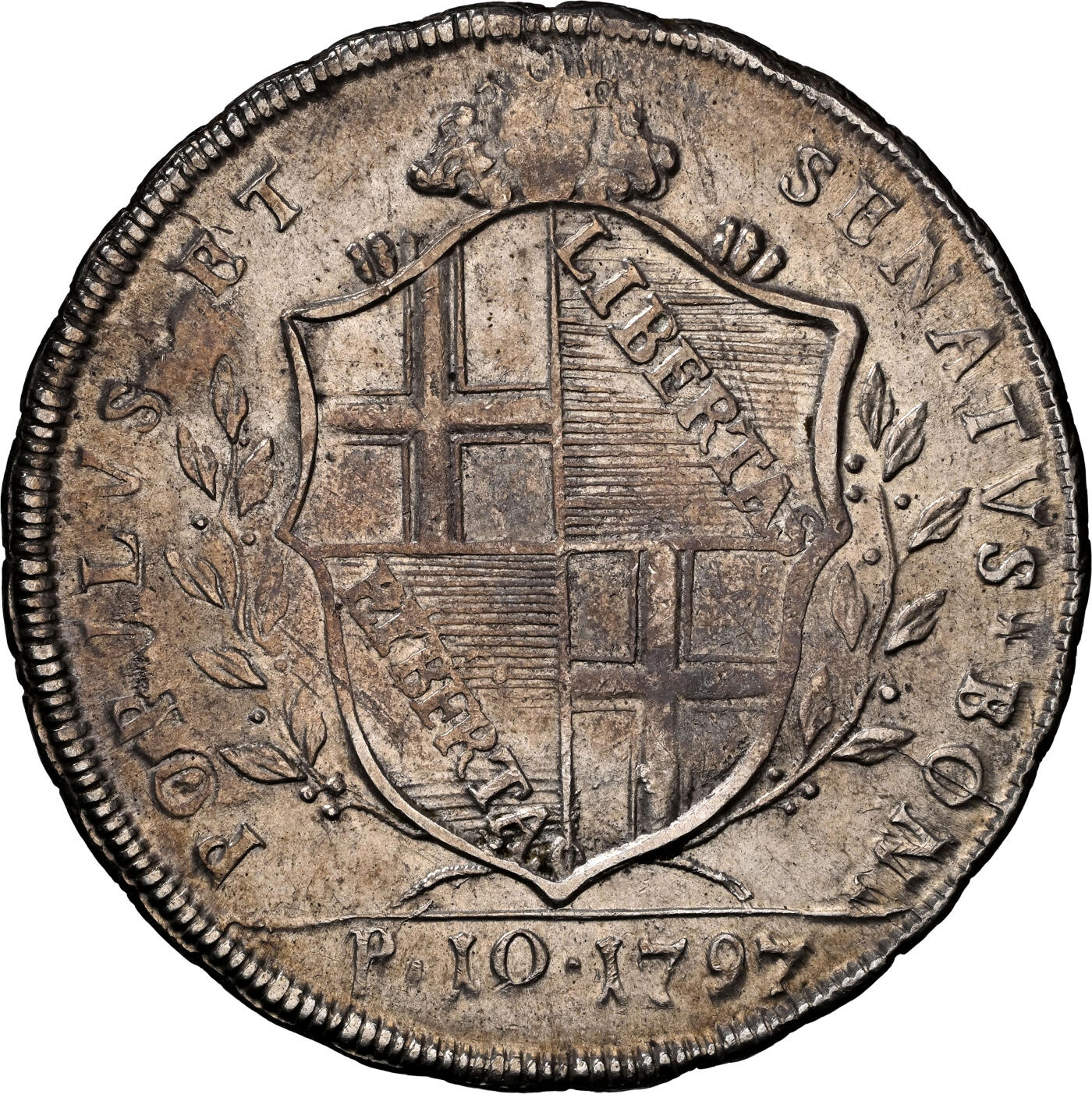 凡希社世界钱币微拍第二百七十二期 荐！1797教皇国博洛尼亚革命政府10Paoli（Scudo）大银NGC-AU58，云端圣母子，盾徽“LIBERTAS”，拿破仑征服时期仅仅铸造两年，稀有！