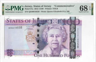 [飞马收藏] PMG高分评级钞 - 2012 泽西 £100 女王登基60周年 纪念钞 尾号8 PMG68EPQ 超高分 热门品种