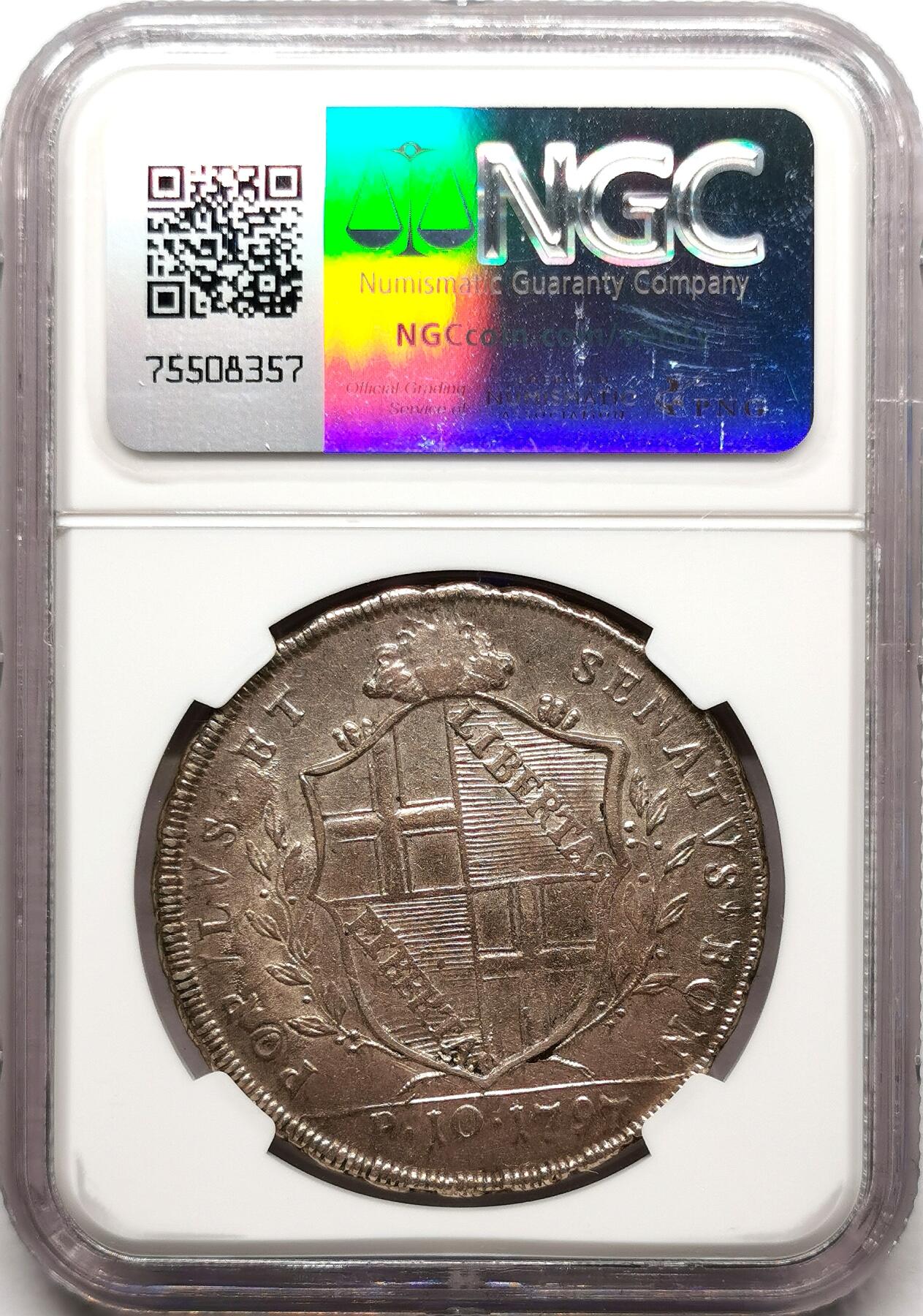 凡希社世界钱币微拍第二百七十二期 荐！1797教皇国博洛尼亚革命政府10Paoli（Scudo）大银NGC-AU58，云端圣母子，盾徽“LIBERTAS”，拿破仑征服时期仅仅铸造两年，稀有！