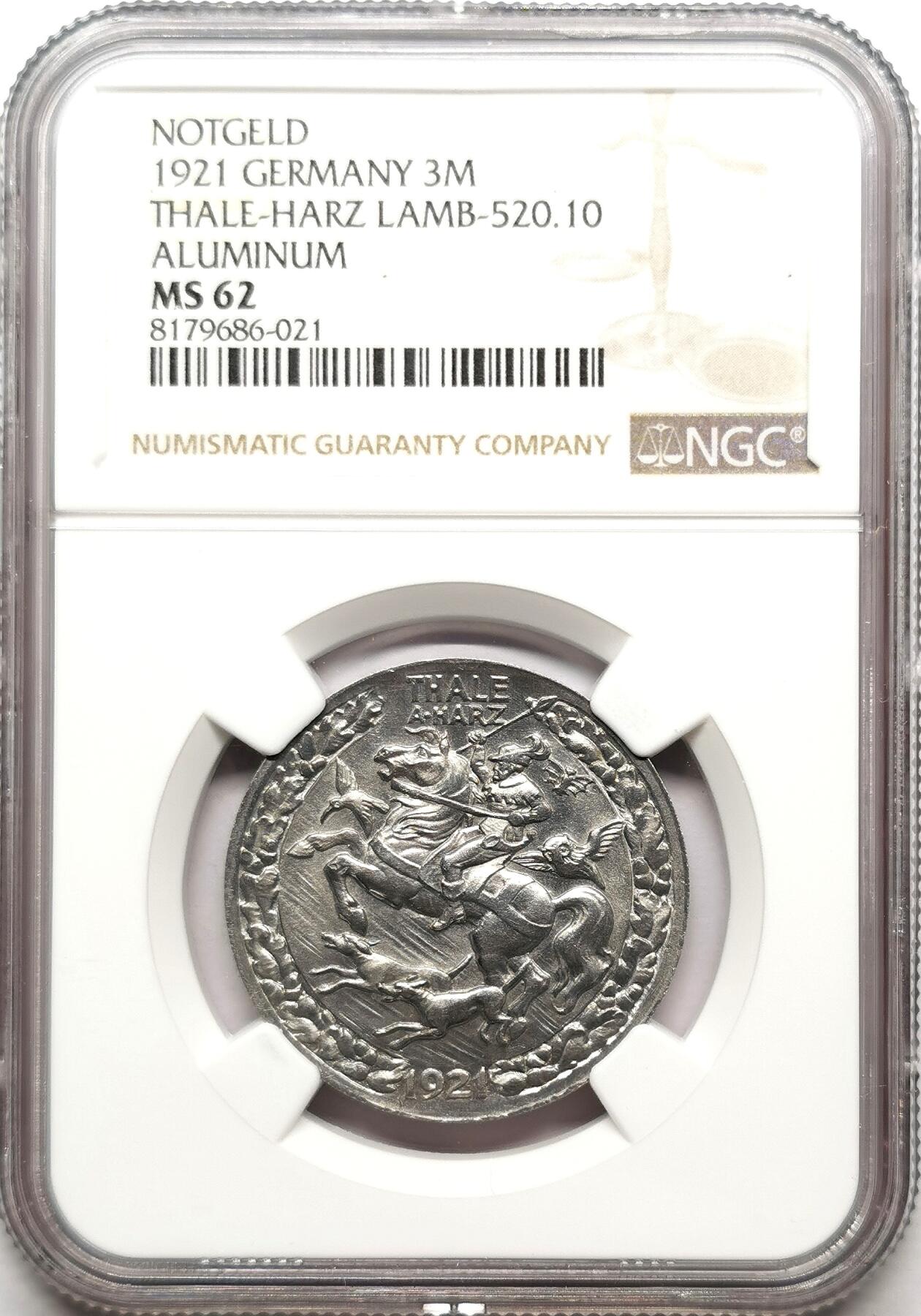 凡希社世界钱币微拍第二百七十二期 1921德紧塔勒哈茨3马克铝币NGC-MS62