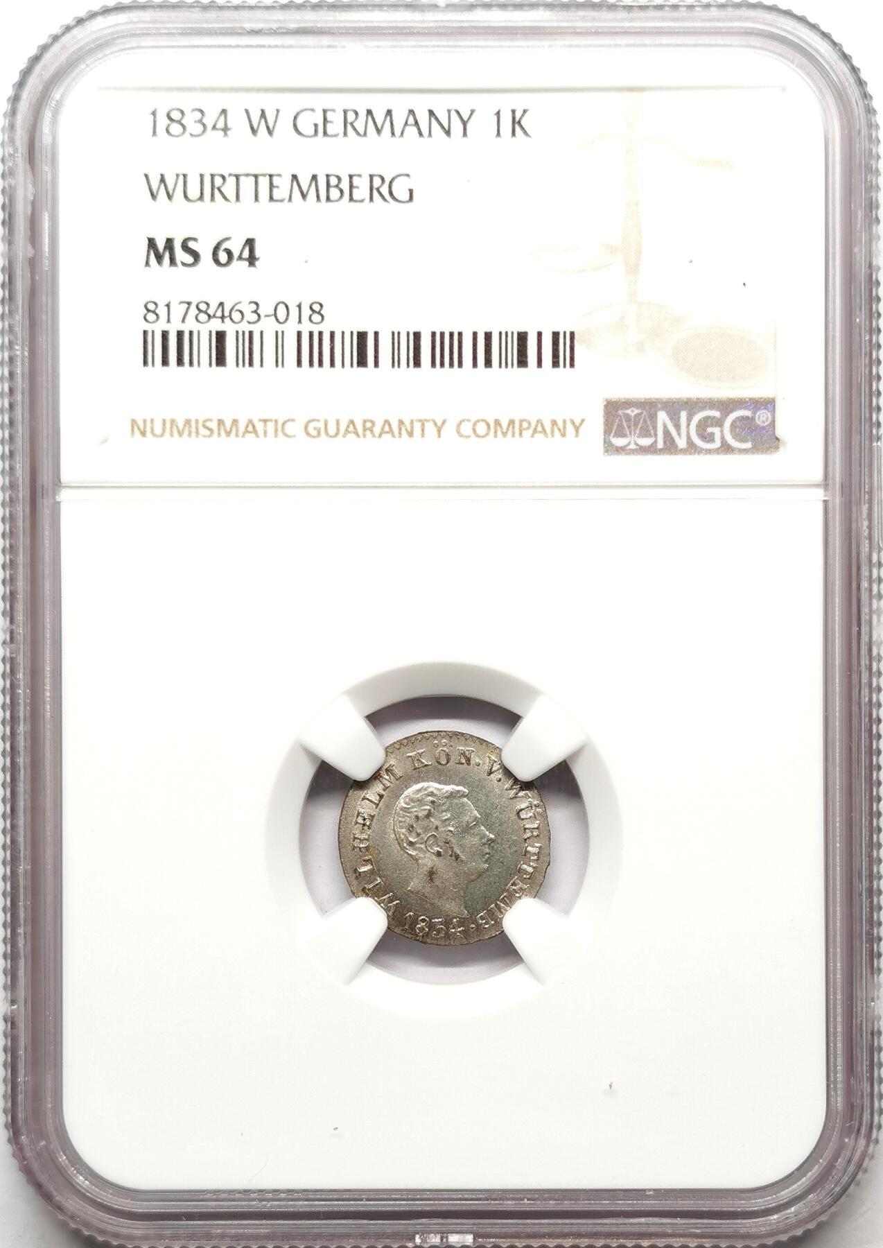 凡希社世界钱币微拍第二百七十二期 1834符腾堡公国1K银辅币NGC-MS64，原光顶级品！
