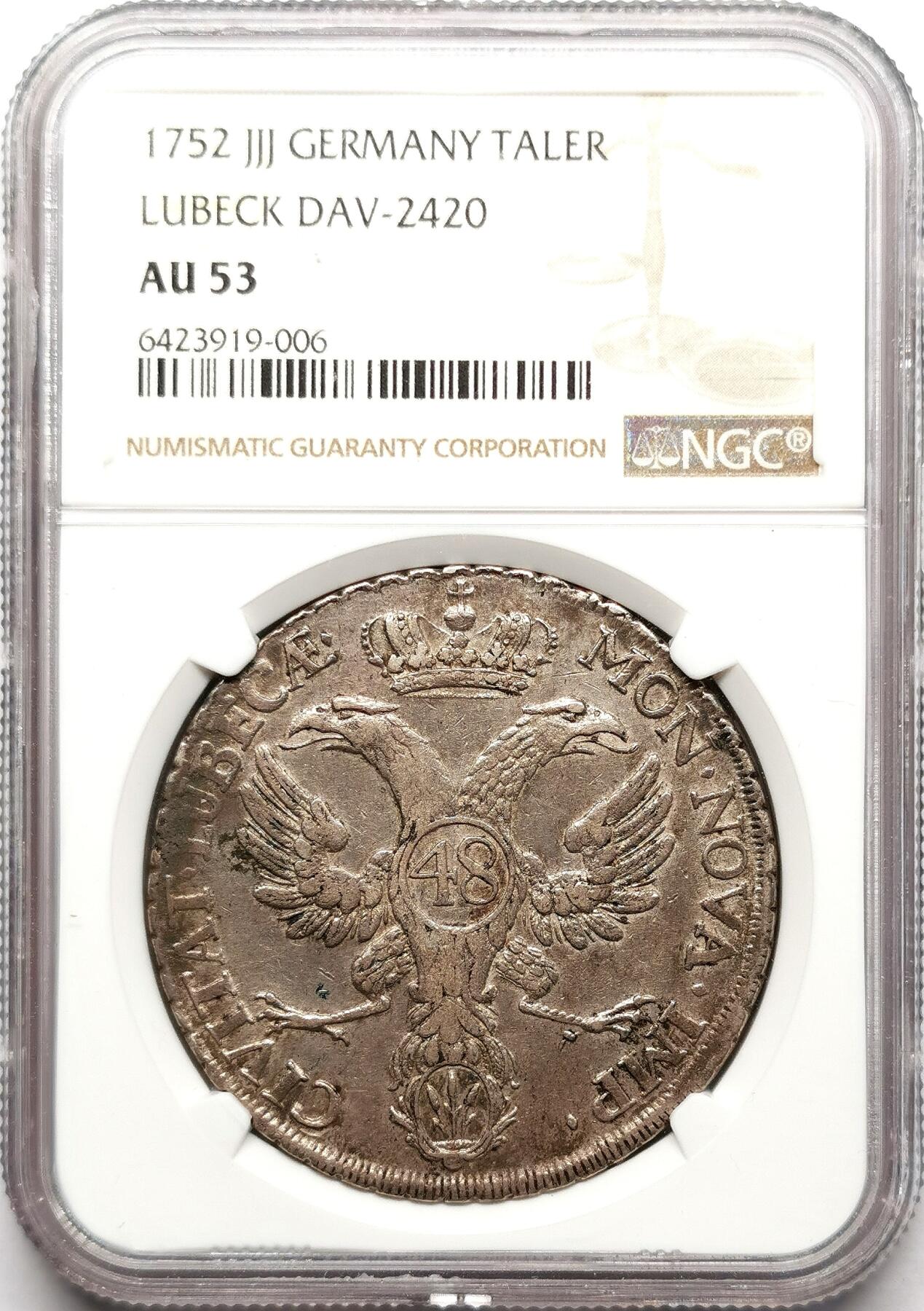 凡希社世界钱币微拍第二百七十二期 1752帝国自由市吕贝克双头鹰泰勒NGC-AU53