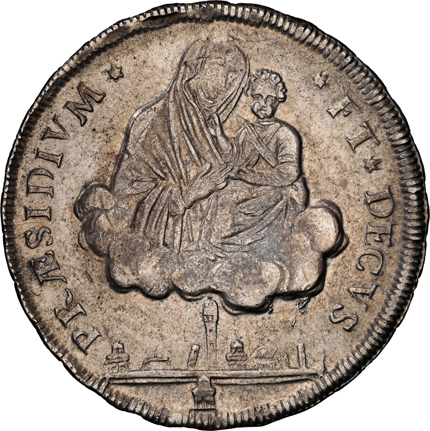 凡希社世界钱币微拍第二百七十二期 荐！1797教皇国博洛尼亚革命政府10Paoli（Scudo）大银NGC-AU58，云端圣母子，盾徽“LIBERTAS”，拿破仑征服时期仅仅铸造两年，稀有！