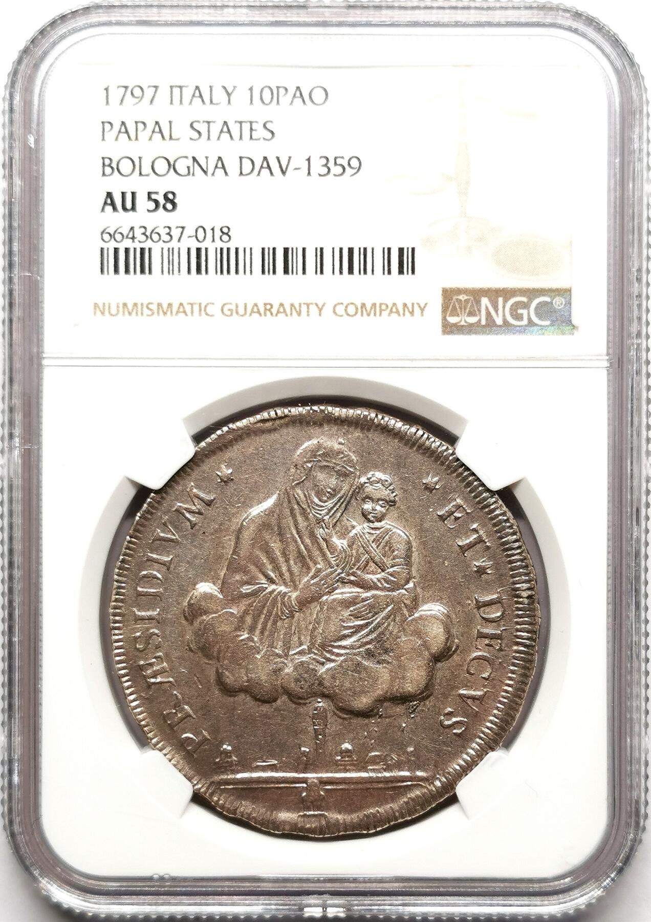 凡希社世界钱币微拍第二百七十二期 荐！1797教皇国博洛尼亚革命政府10Paoli（Scudo）大银NGC-AU58，云端圣母子，盾徽“LIBERTAS”，拿破仑征服时期仅仅铸造两年，稀有！